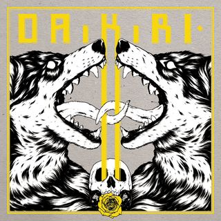 Drawing of two dogs facing eachother with wide open faces