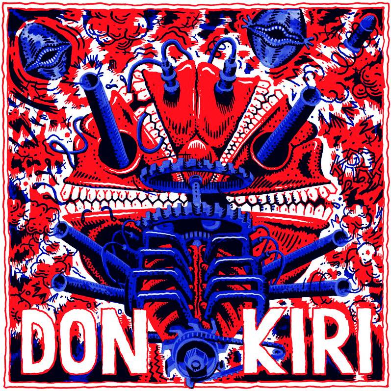 Blue, red and white drawing of a kind of round machine and the name donkiri