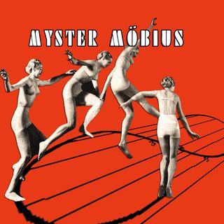 girls dancing around a moebius nod. The background is red and the band's name appears on top