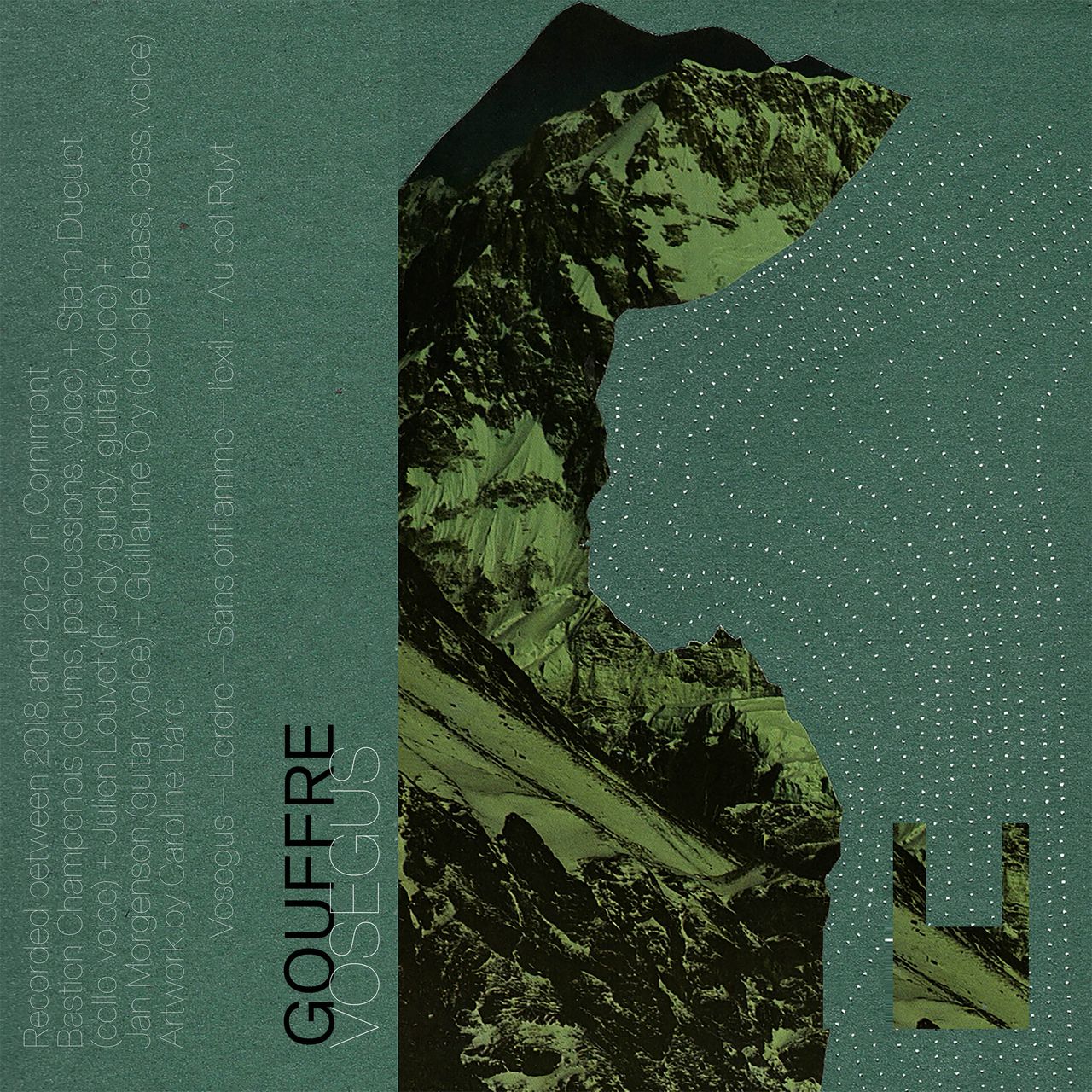green, black and white tone tape cover. Montage of a moutain and white drawed dots.