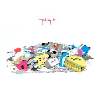 pile of colored logos or things representing the consumption society drawed on a white bakground.